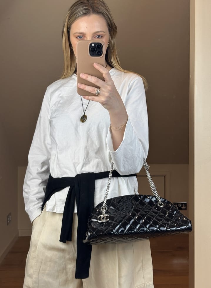 Vintage Chanel Mademoiselle Bowling Bag in Black Patent Leather