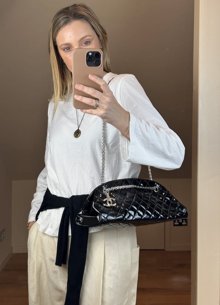 Vintage Chanel Mademoiselle Bowling Bag in Black Patent Leather