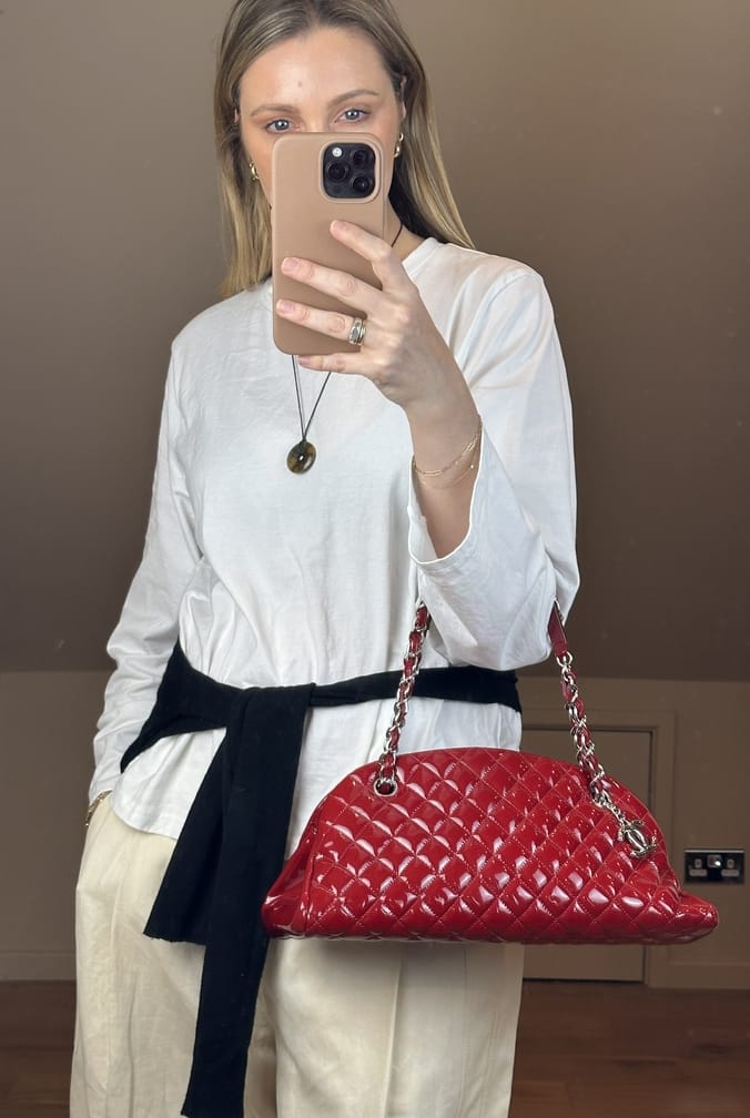 Vintage Chanel Mademoiselle Bowling Bag in Red Patent Leather