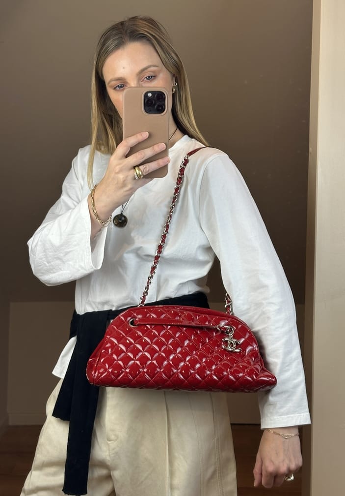 Vintage Chanel Mademoiselle Bowling Bag in Red Patent Leather