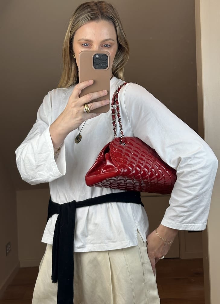 Vintage Chanel Mademoiselle Bowling Bag in Red Patent Leather