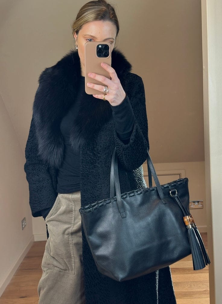 Vintage Gucci Black Leather Tote Bag With Tassel