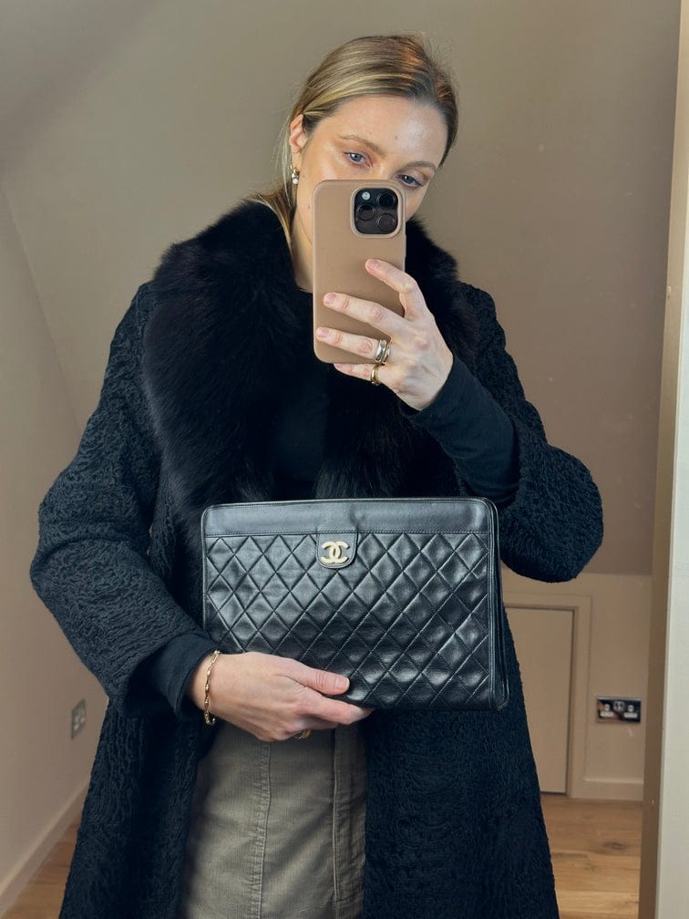 Vintage Chanel Black Leather Clutch Bag With Gold Hardware