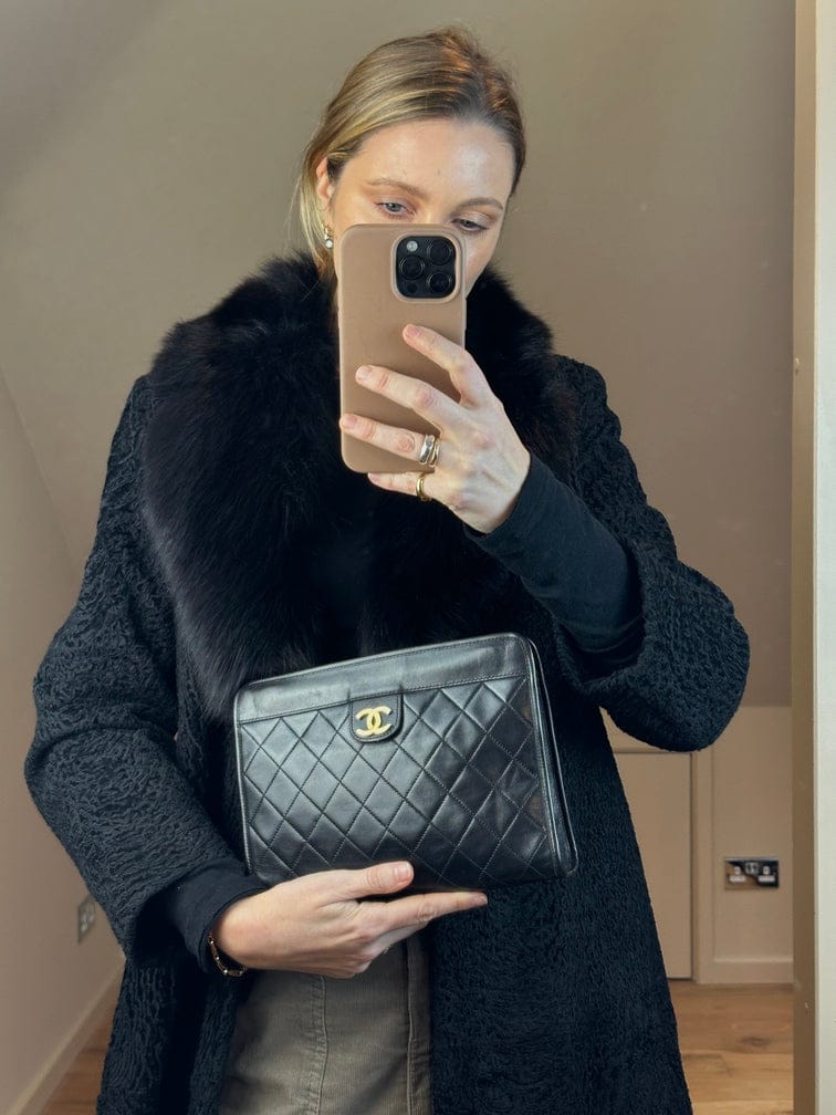 Vintage Chanel Black Leather Clutch Bag Small With Gold Hardware