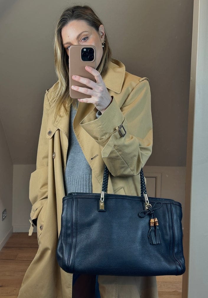 Vintage Gucci Navy Braided Strap Leather Tote Bag With Tassel