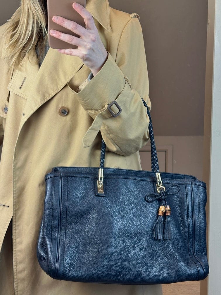 Vintage Gucci Navy Braided Strap Leather Tote Bag With Tassel