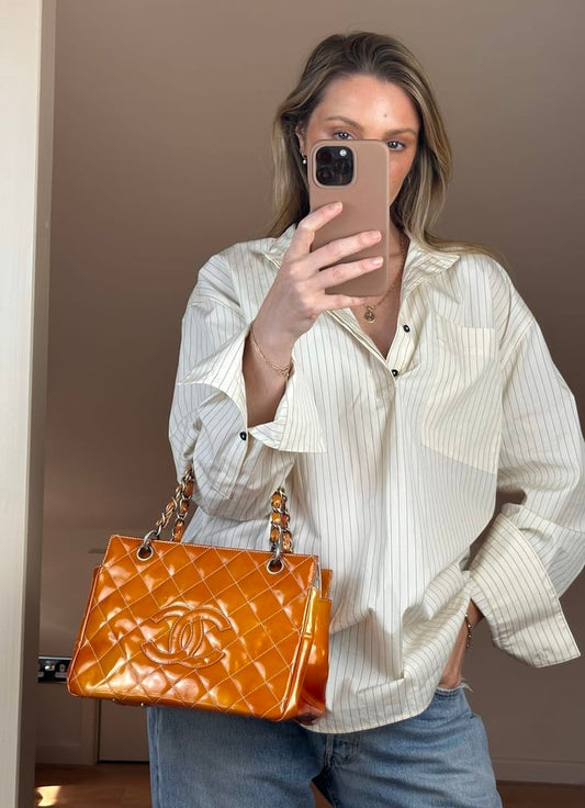 Vintage Chanel Orange Patent Leather CC Tote