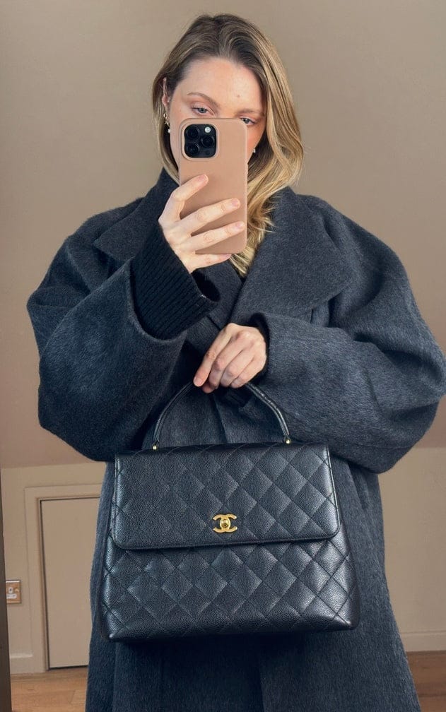 Vintage Chanel Kelly Top Handle Bag in Black Caviar Leather With 24K Gold Plated Hardware