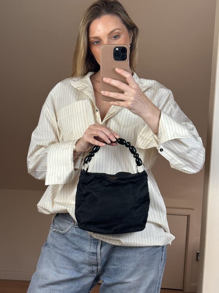 Vintage Christian Dior Black Satin Beaded Handle Bag