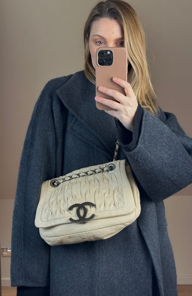 Rare Chanel Cream Perforated Leather Shoulder Bag