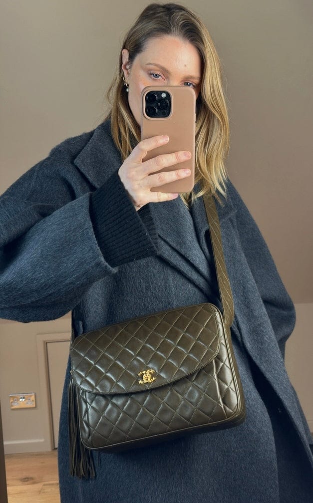Vintage Chanel Olive Green Quilted Leather Camera Bag With Tassel
