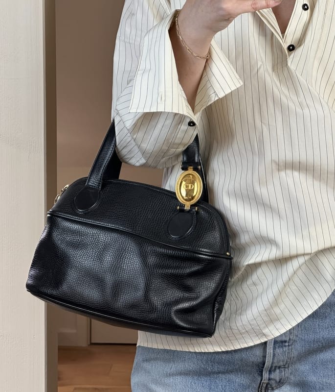 Vintage Christian Dior Black Leather Top Handle Bag