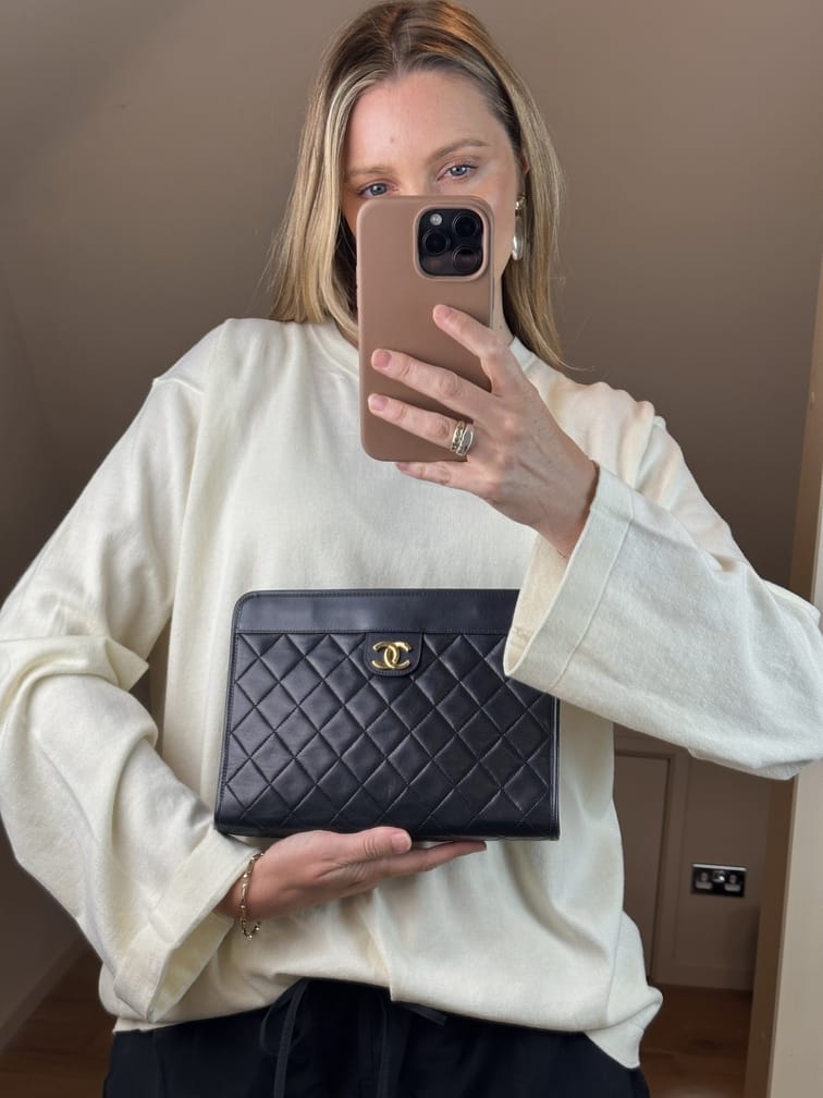 Vintage Chanel Navy Leather Clutch Bag With 24k Gold Plated Hardware