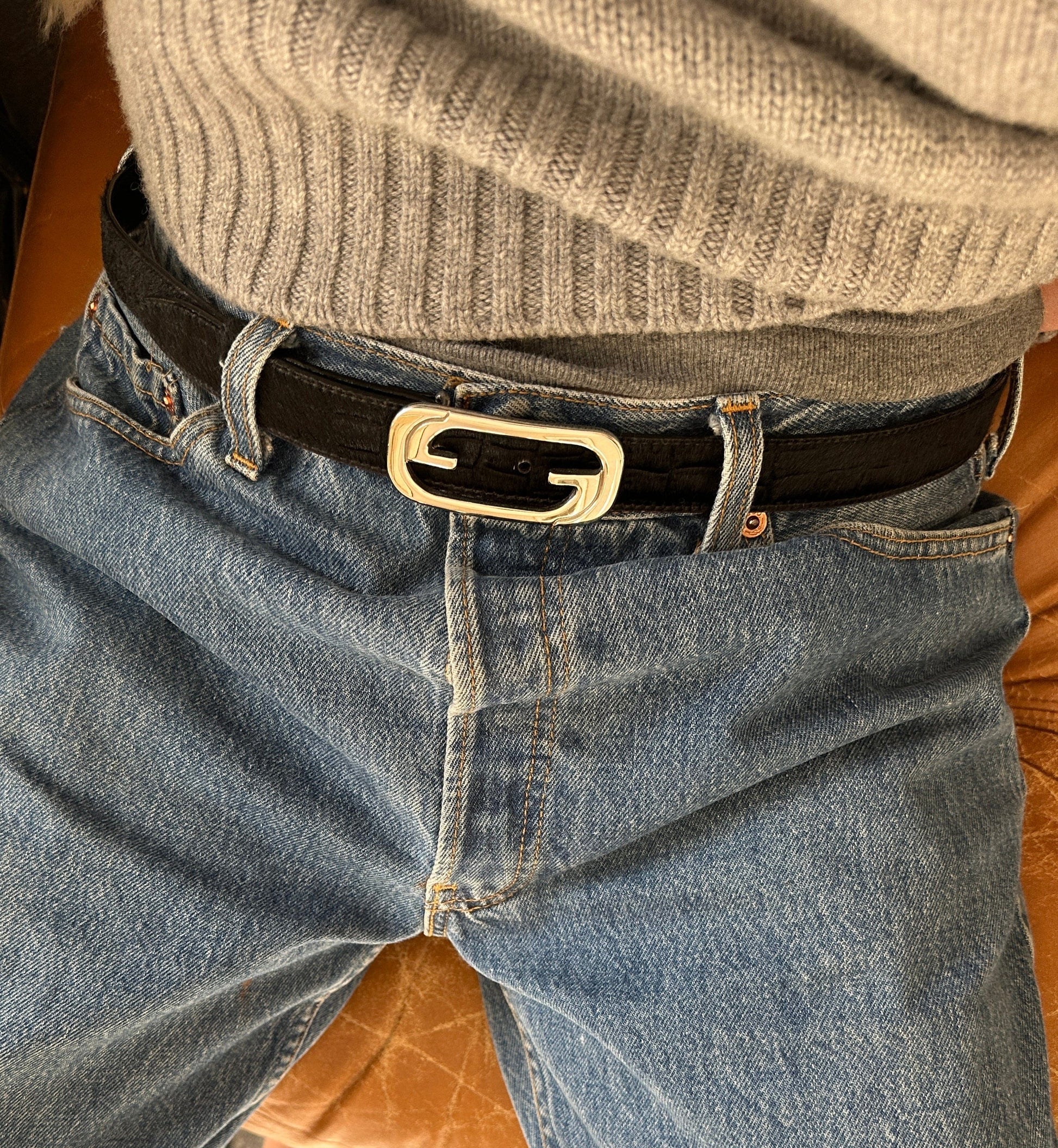Vintage Gucci Black Calf Hair Belt with Silver G Buckle