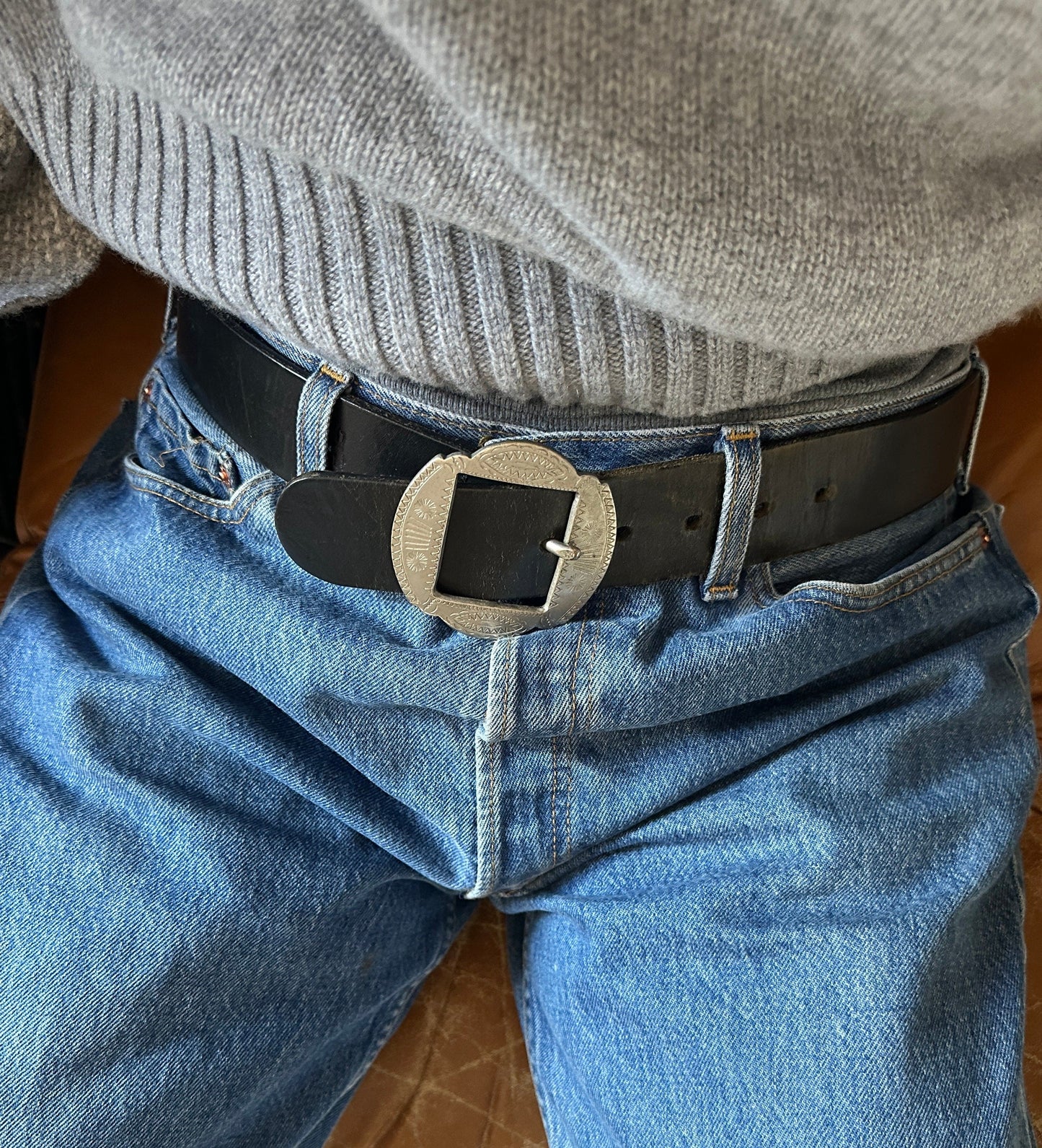 Cintura vintage in pelle nera Ralph Lauren