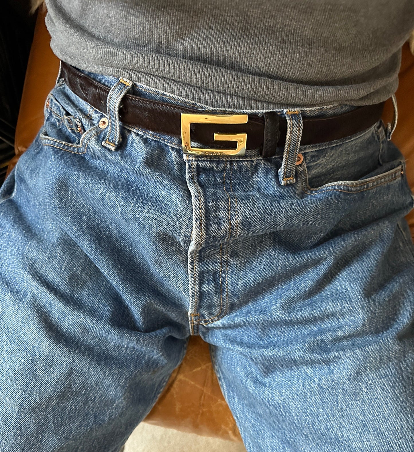 Vintage Gucci Black Calf Hair Belt with Gold Tone G Buckle