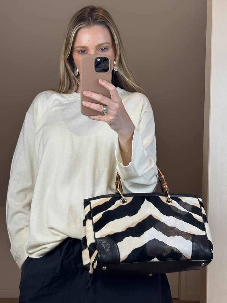 Vintage Gucci Zebra Print Calf Hair Bamboo Tote