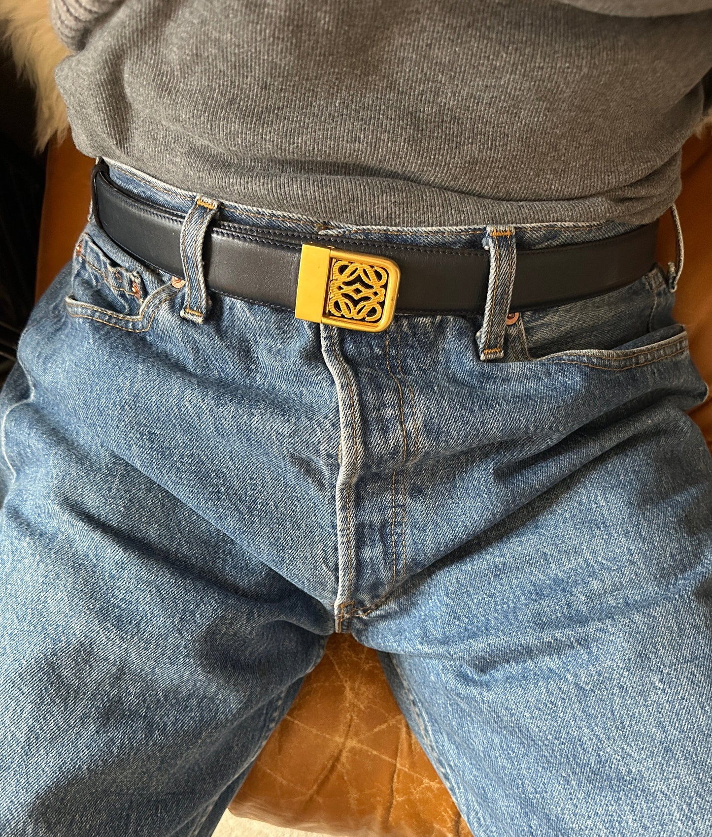 Vintage Loewe Anagram Navy Leather Belt