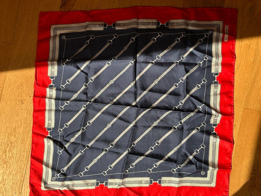Vintage Celine Silk Scarf With Red, Navy & Cream Equestrian Chain Print
