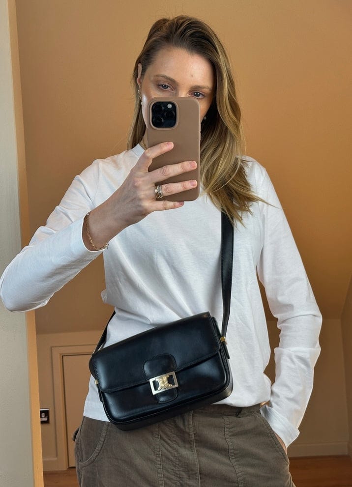 Vintage Celine Navy Leather Box Shoulder Bag with Gold Tone Hardware