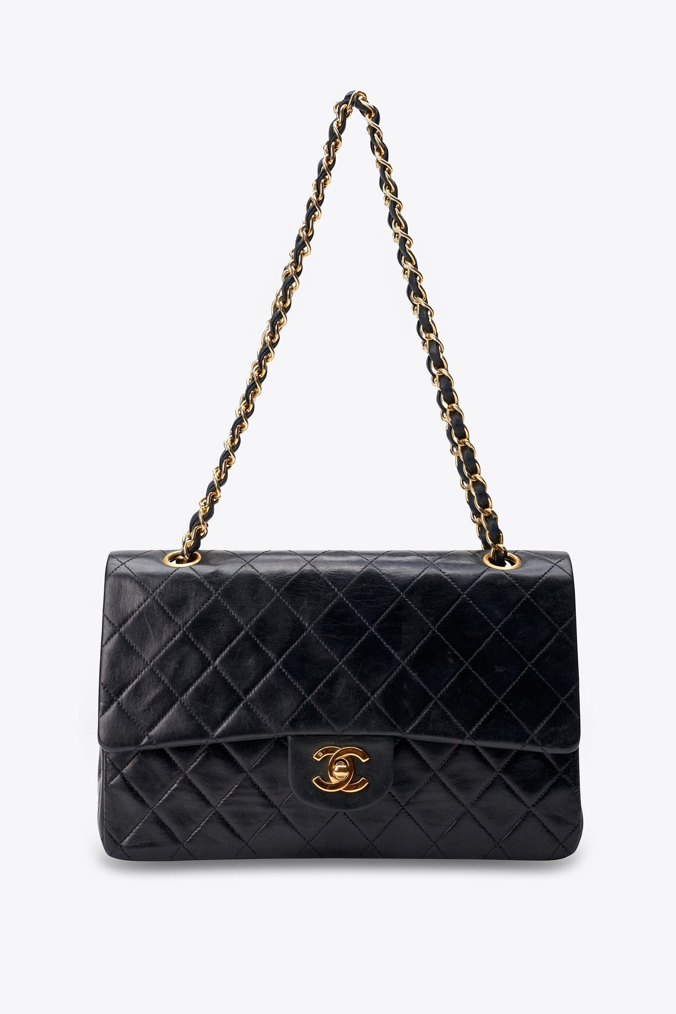 Vintage Chanel Classic Double Flap Bag Medium Black Lambskin Leather With 24k Gold Plated Hardware