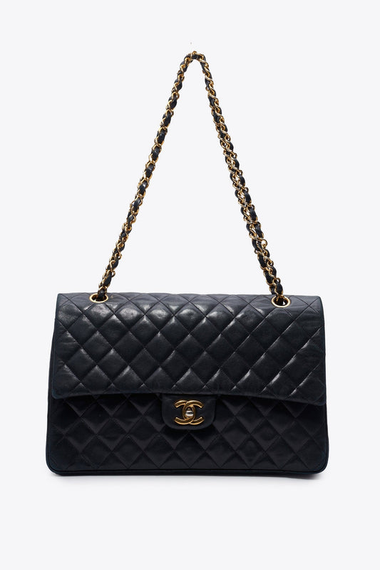 Vintage Chanel Classic Double Flap Bag Black Lambskin Leather With 24k Gold Plated Hardware