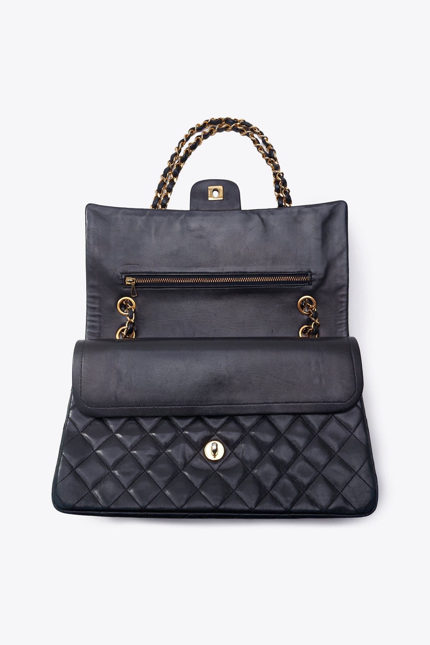 Vintage Chanel Classic Double Flap Bag Black Lambskin Leather With 24k Gold Plated Hardware