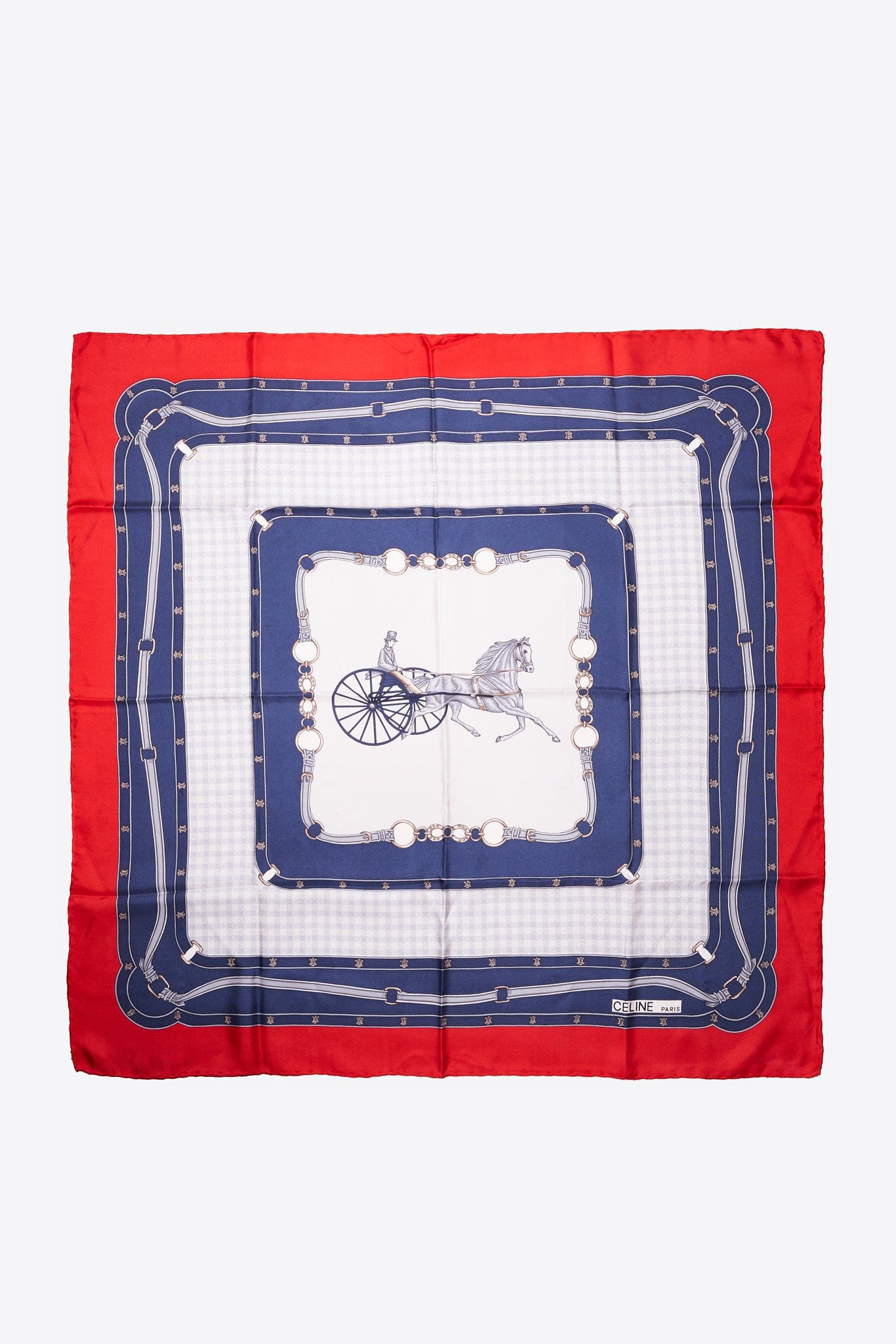 Vintage Celine Silk Scarf With Red, Navy & Cream Carriage Print