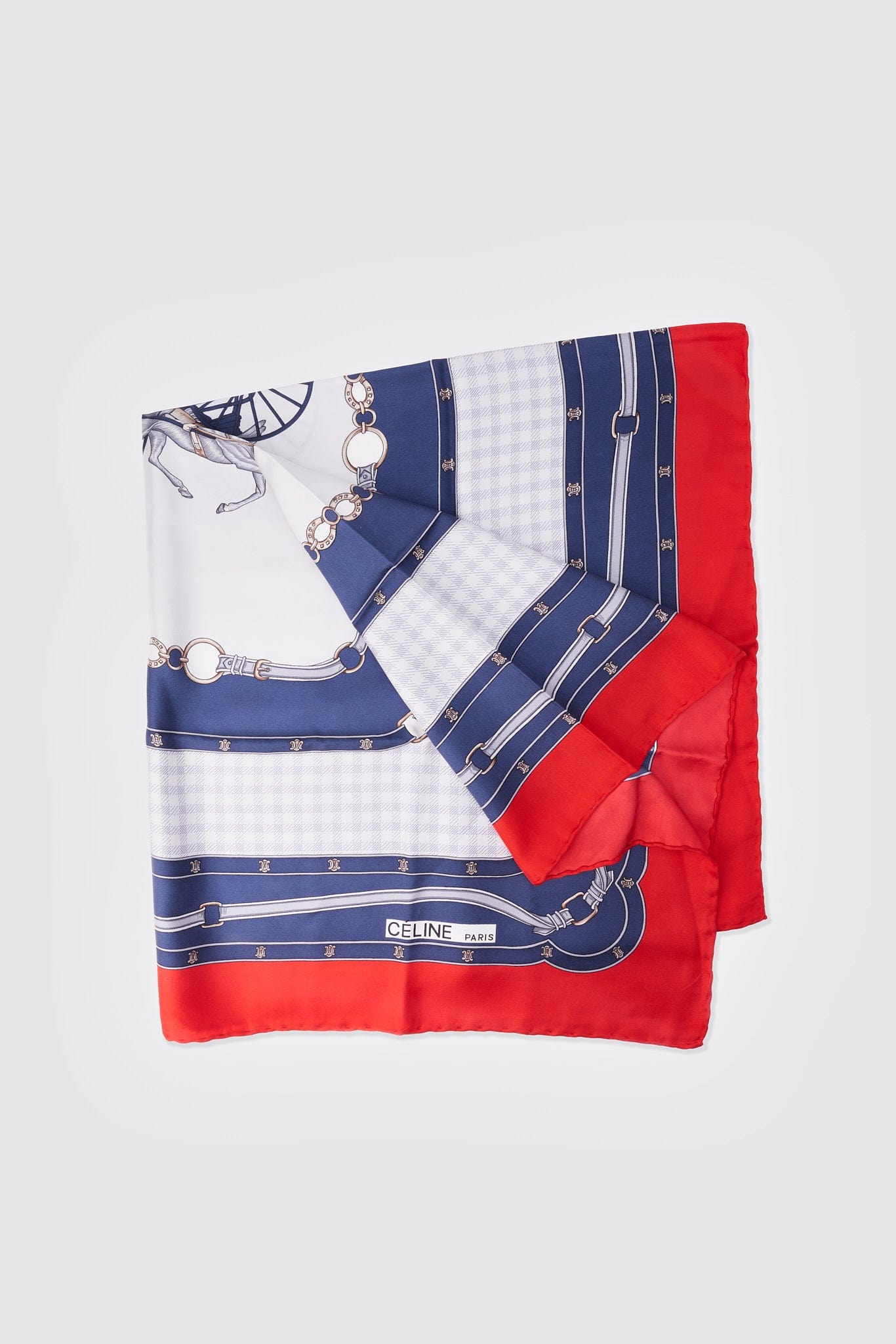 Vintage Celine Silk Scarf With Red, Navy & Cream Carriage Print