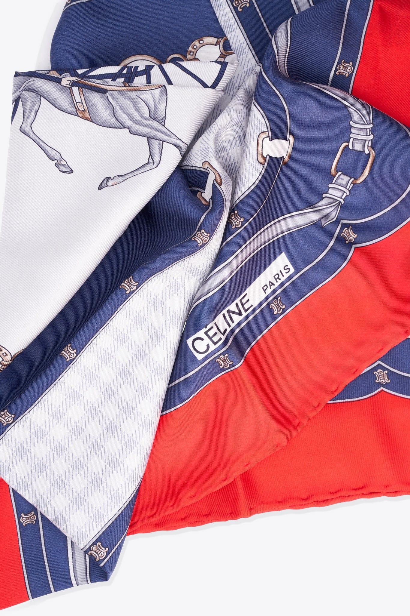 Vintage Celine Silk Scarf With Red, Navy & Cream Carriage Print