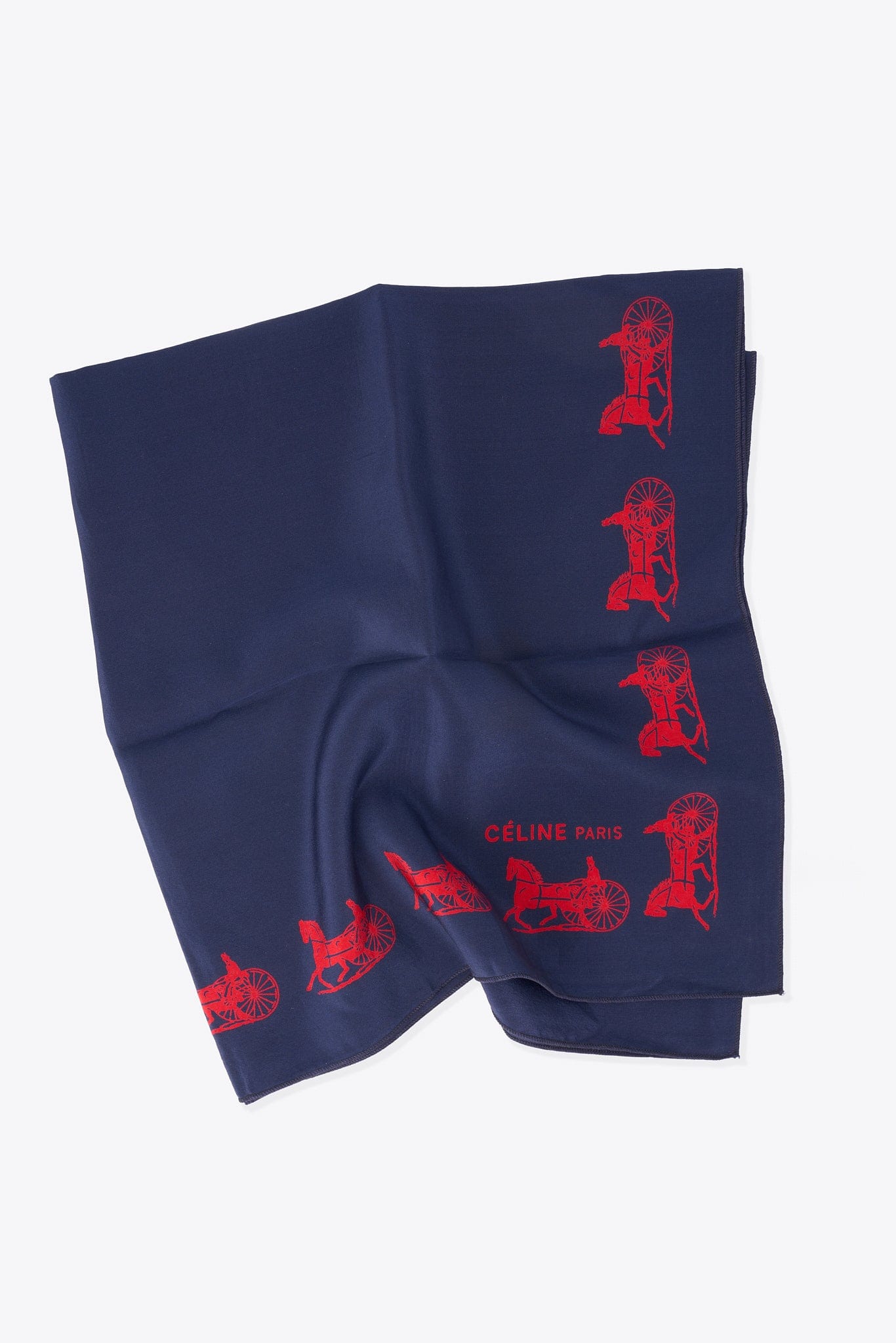 Vintage Celine Silk Scarf With Navy & Red Carriage Print