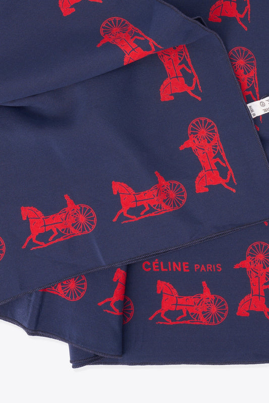 Vintage Celine Silk Scarf With Navy & Red Carriage Print