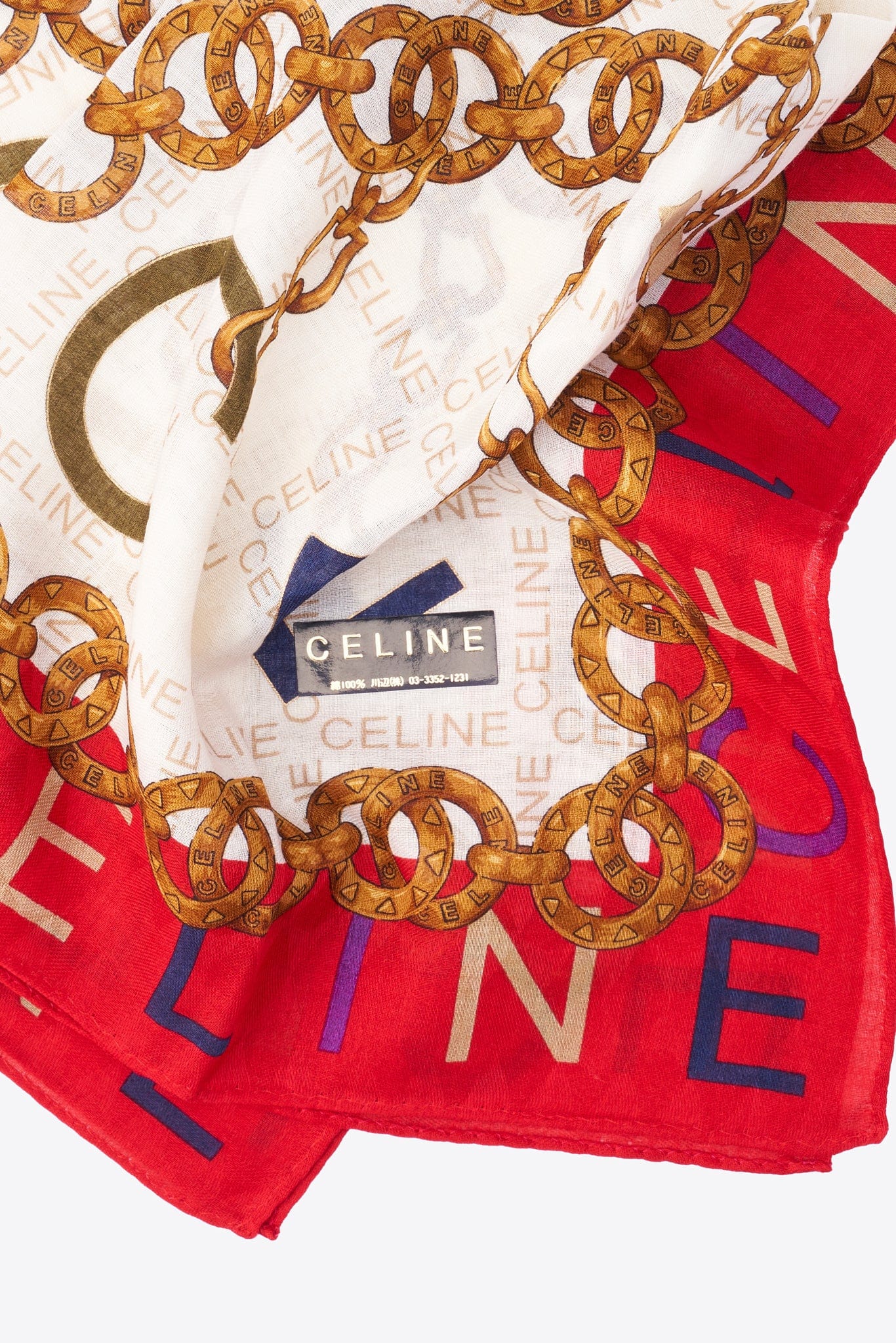 Vintage Celine Cotton Scarf With Red, White & Gold Chain Print