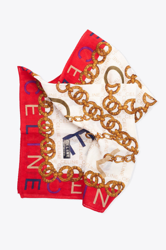 Vintage Celine Cotton Scarf With Red, White & Gold Chain Print