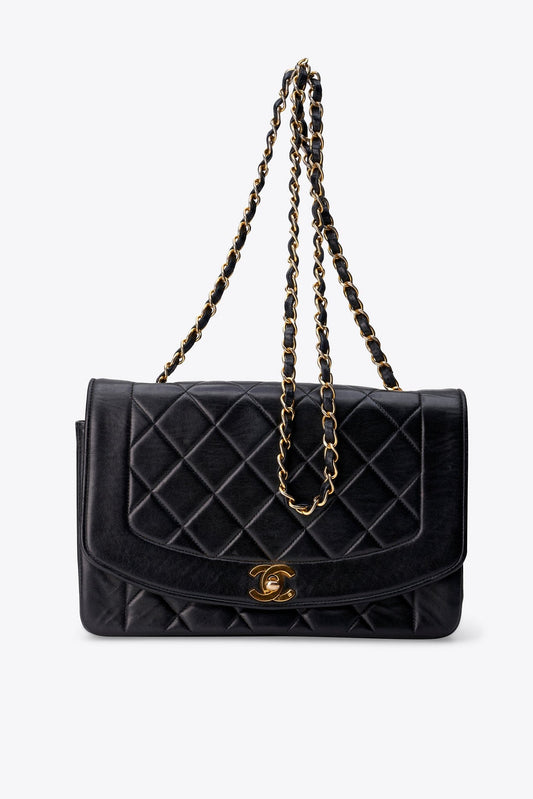 Vintage Chanel Black Lambskin Diana Flap Bag With 24K Gold Plated Hardware