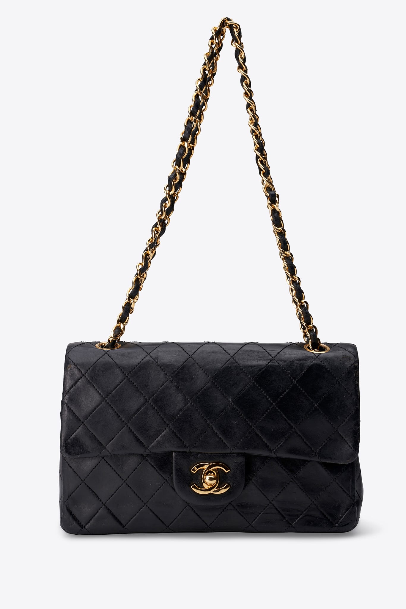 Vintage Chanel Small Double Flap Bag Black Quilted Leather with 24k Gold Plated Hardware