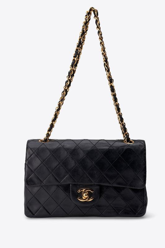 Vintage Chanel Small Double Flap Bag Black Quilted Leather with 24k Gold Plated Hardware