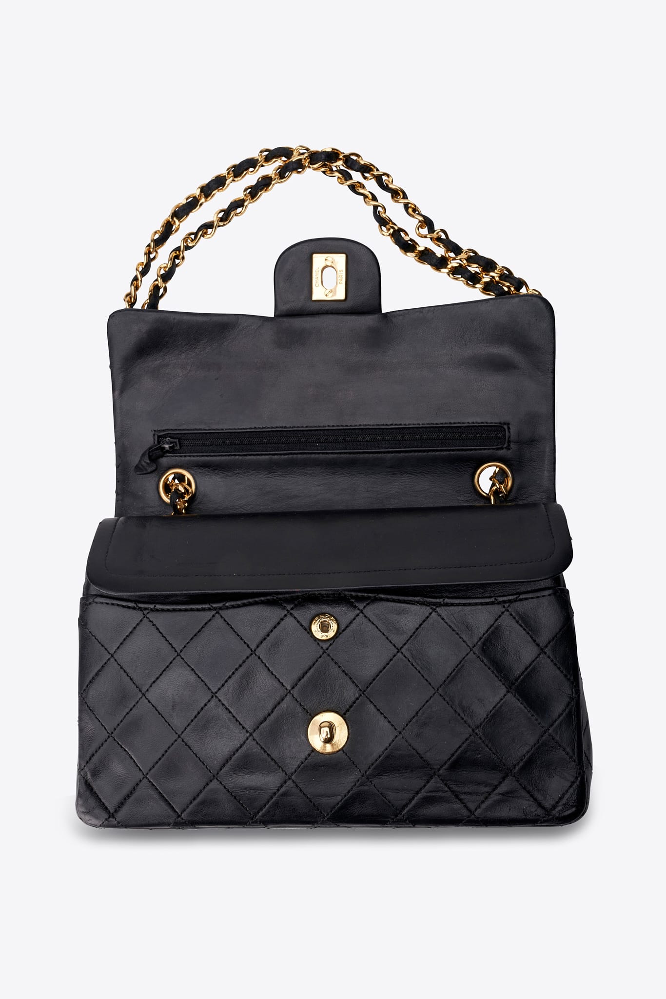 Vintage Chanel Small Double Flap Bag Black Quilted Leather with 24k Gold Plated Hardware