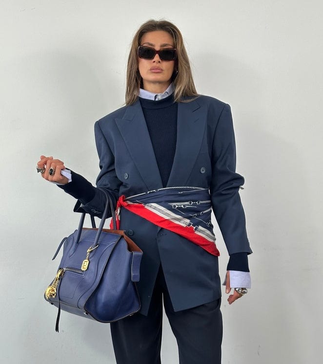 Vintage Celine Silk Scarf With Red, Navy & Cream Carriage Print