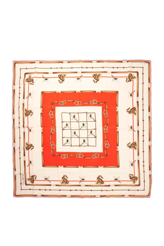 Vintage Celine Silk Scarf Equestrian Print in Cream, Tan & Red
