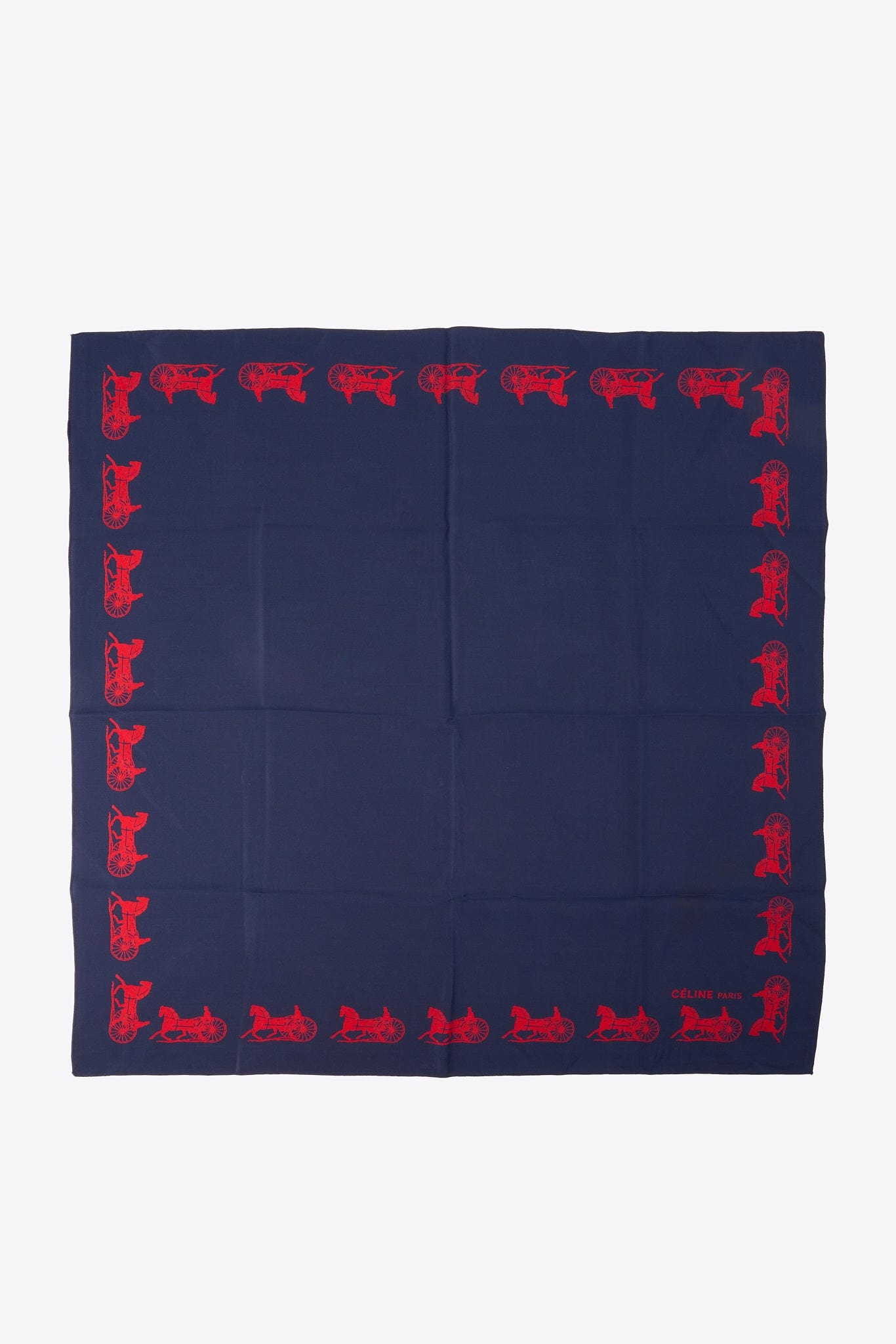 Vintage Celine Silk Scarf With Navy & Red Carriage Print