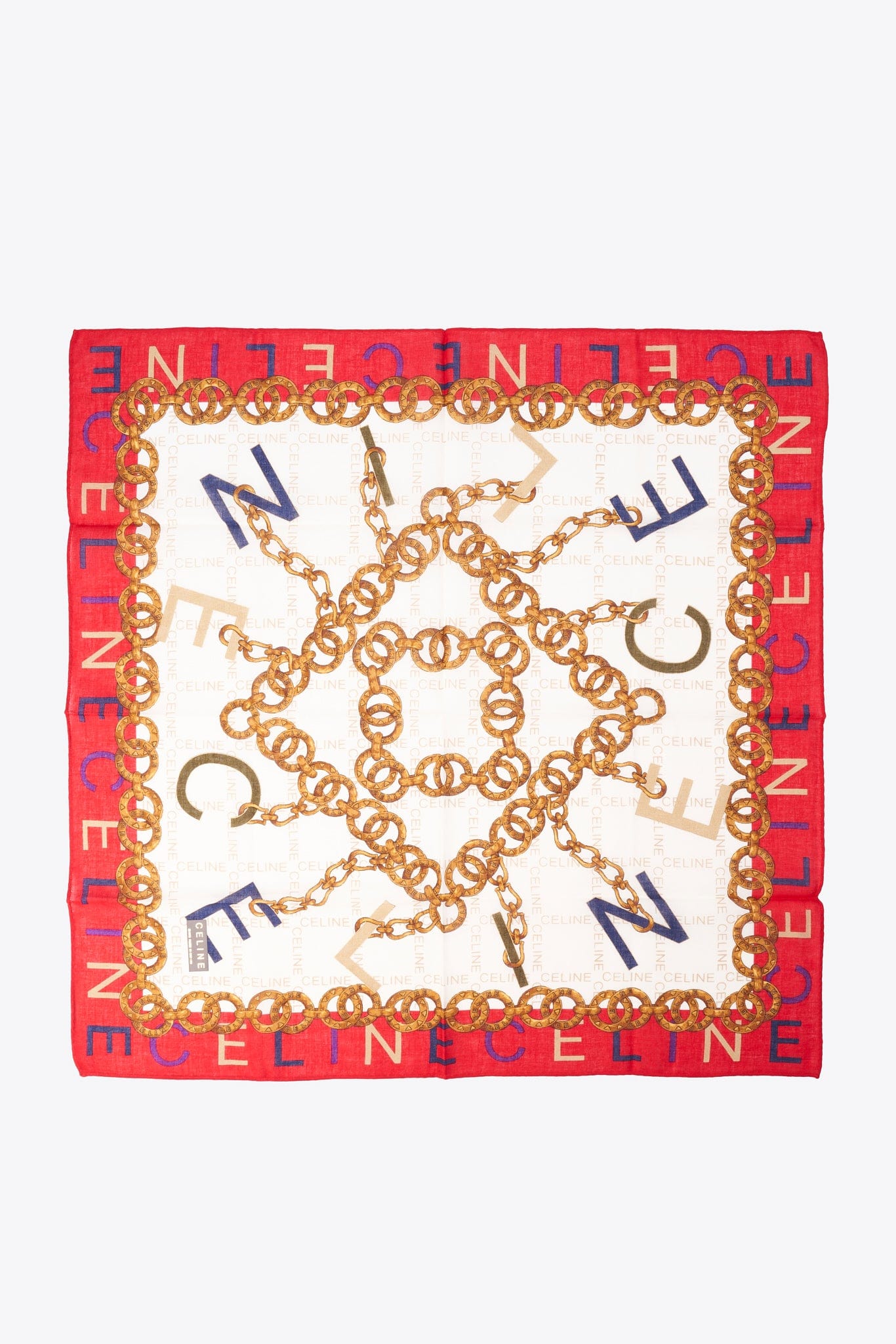 Vintage Celine Cotton Scarf With Red, White & Gold Chain Print