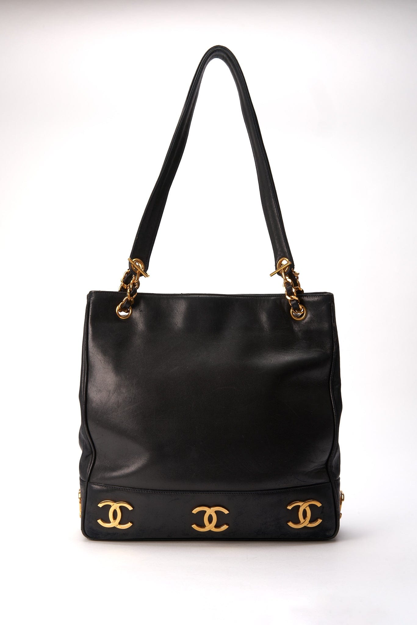 CHANEL Vintage CC Quilted Leather Tassel Shopper Bag Black