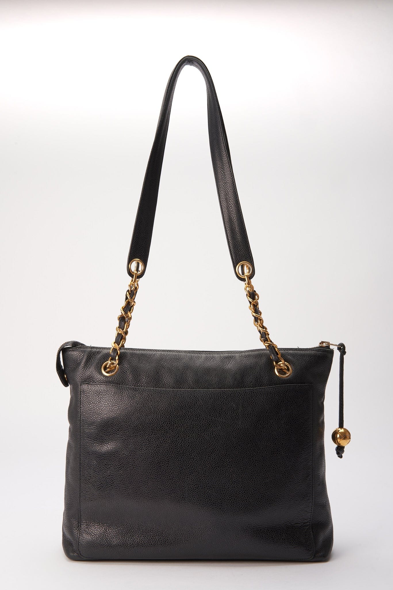 Vintage Chanel Black Leather Tote Bag with 24K Gold Plated