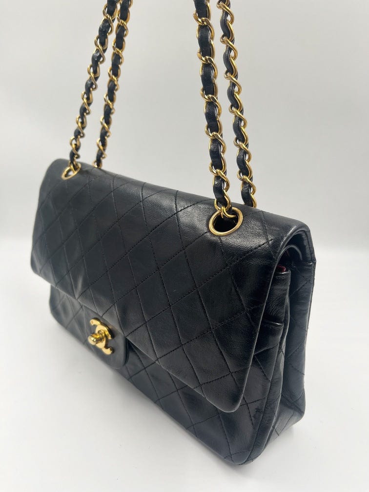 CHANEL Vintage Classic Black Lambskin 24K Gold Chain Medium Double Flap Bag