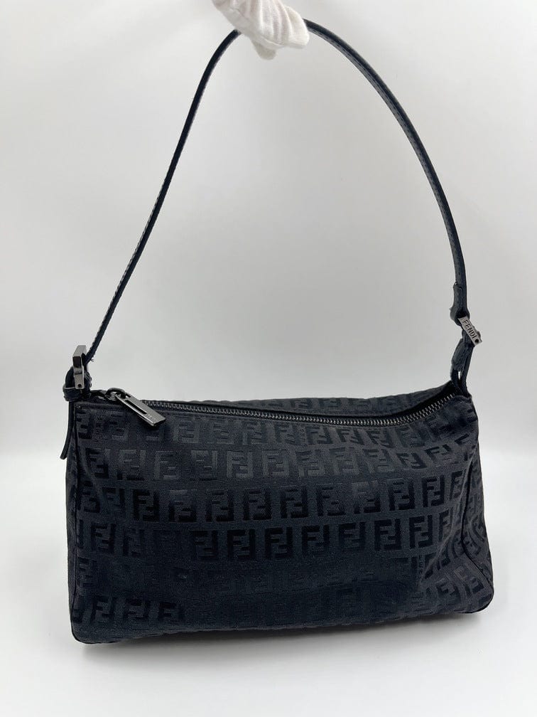Vintage FENDI Black Zucchino Baguette Bag in Canvas Leather 