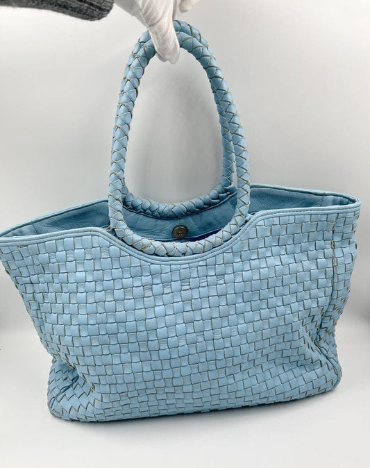 Blue Woven Leather Tote Bag