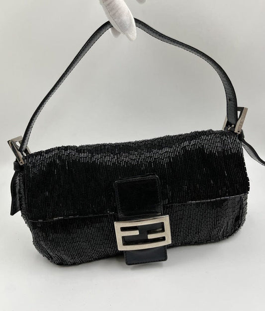 Vintage Fendi Black Beaded Baguette Bag