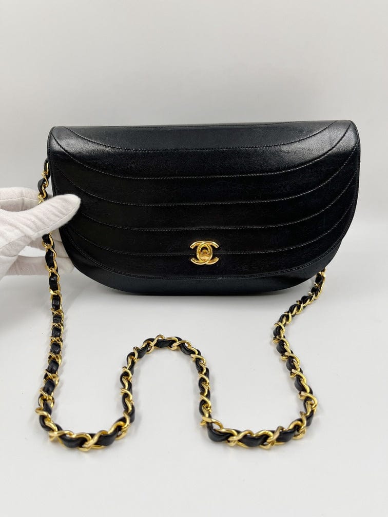 Chanel Vintage Half Moon Flap Navy Lambskin Quilted Bag - Bags