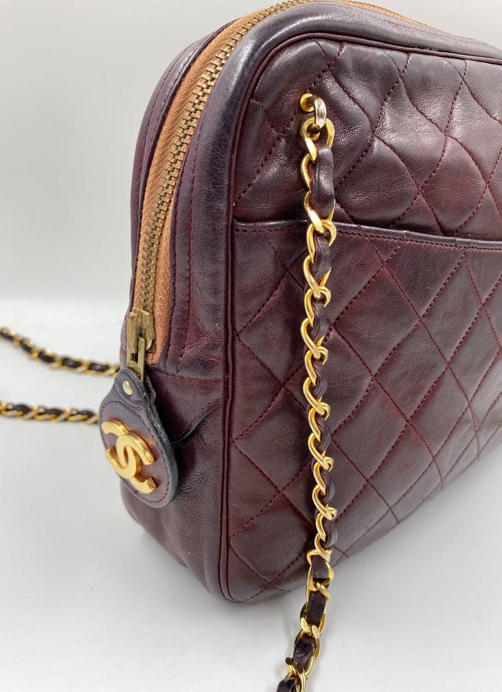 Chanel Burgundy Caviar Small Cc Quilted Camera Flap Bag 24k Gold Plated  Hardware